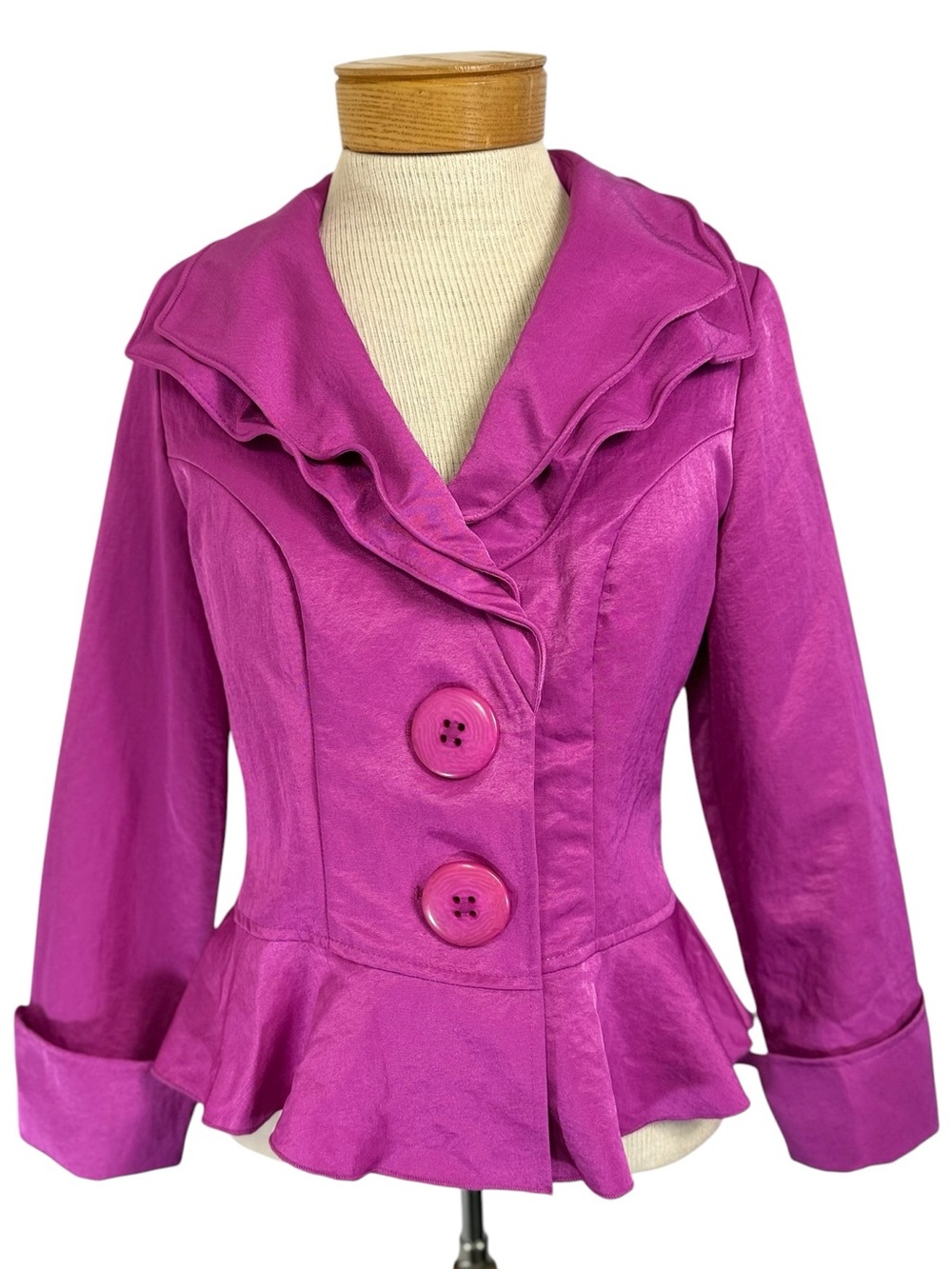 Design Today Fuchsia Pink Ruffled Wired Peplum Jacket Small